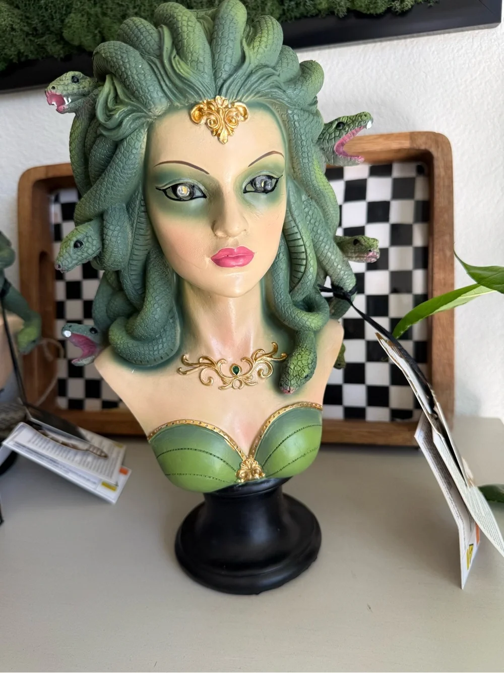 Green Medusa Bust Sculpture - Decorative Mythical Statue